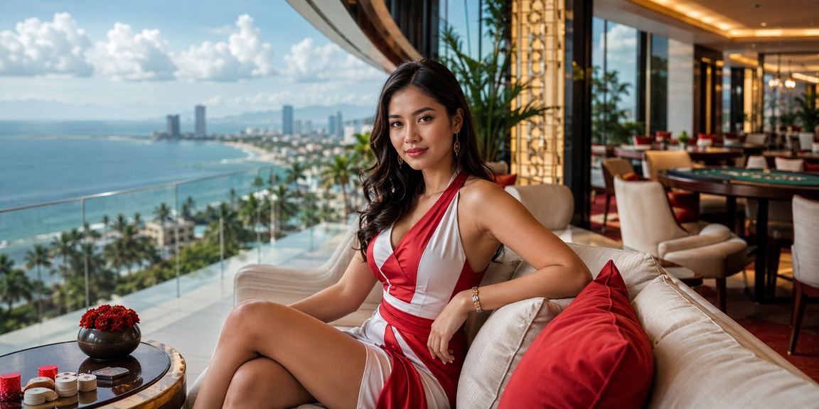 Model Vietnam memainkan permainan kartu dengan ekspresi tenang dan percaya diri